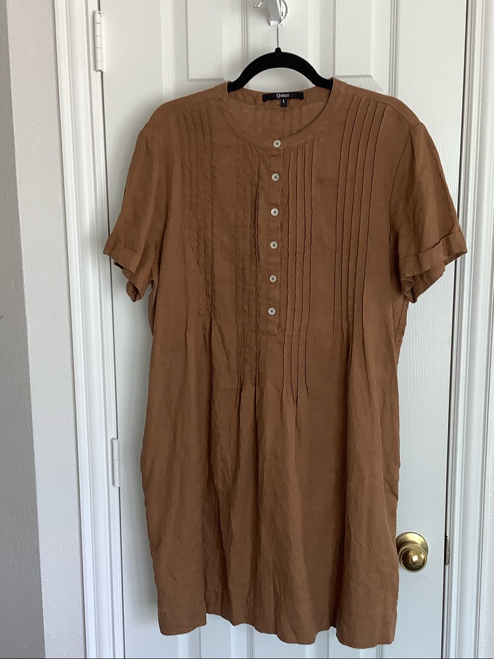 Quince Tan Pintuck Button-Front Short-Sleeve Dress